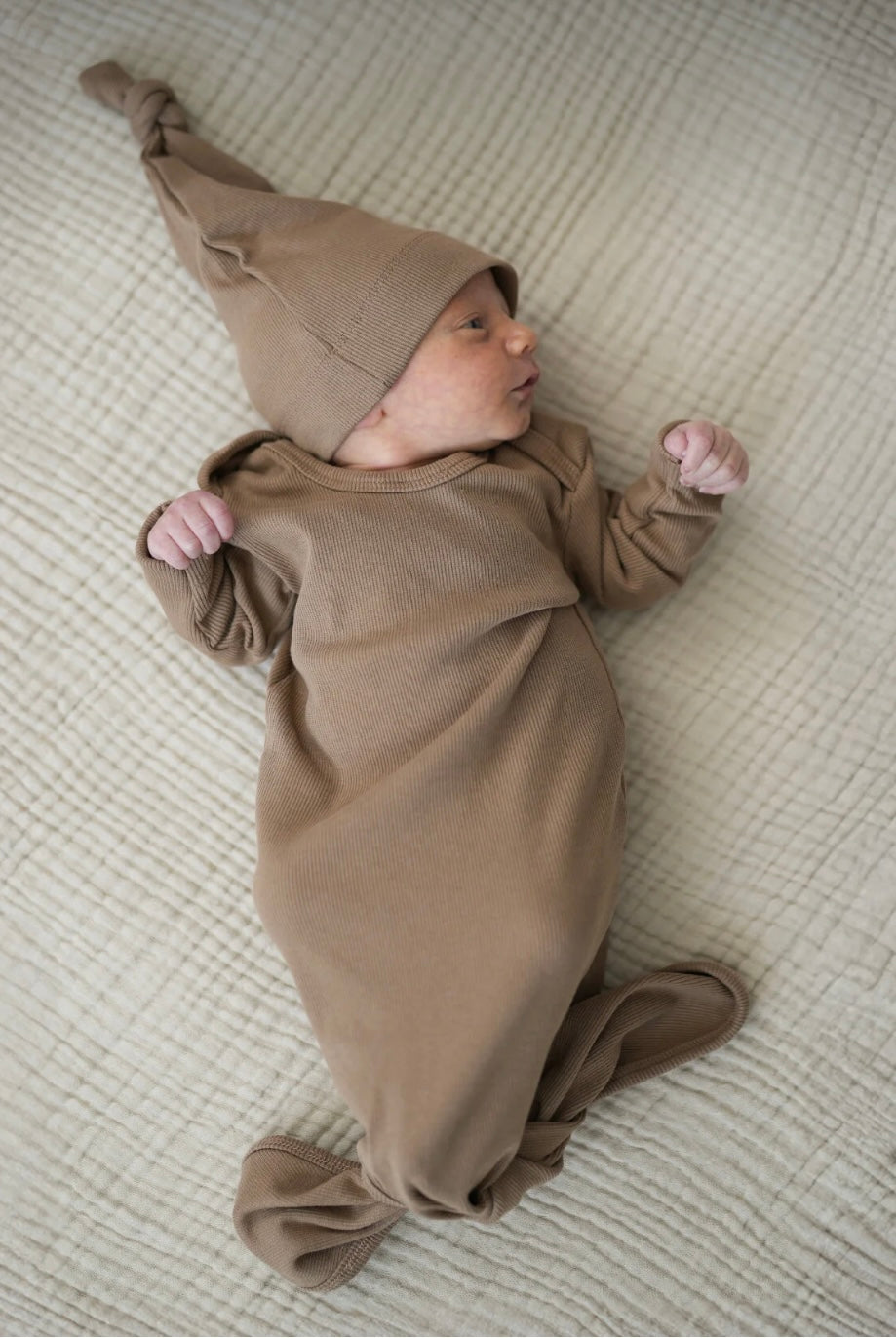 Ribbed and Bottom Tie Baby Bodysuit and Beanie Set 100% Cotton - Easy Bottom Opening Design